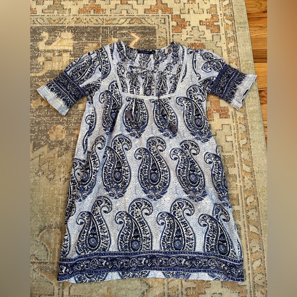 La Plage Paisley Print Mini Dress - Blue and White 100% cotton XS